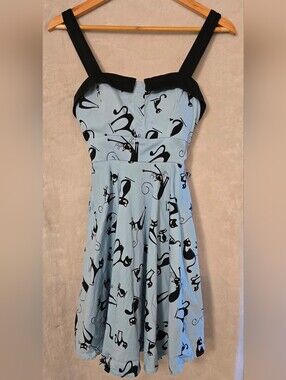 PIN-UP STYLE BLACK CAT DRESS LIGHT BABY BLUE SIZE SMALL